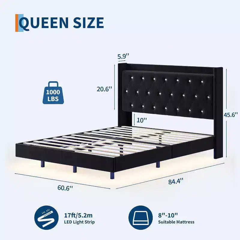 Modern Floating Bed Frame, Soft Fabric Upholstered Wingback Storage Headboard Noise Free Platform Easy Assembly No Box Spring.