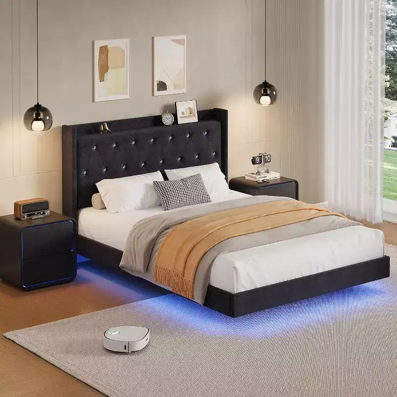COZONY Modern Floating Bed Frame, Soft Fabric Upholstered Wingback Storage Headboard Noise Free Platform Easy Assembly No Box Spring.