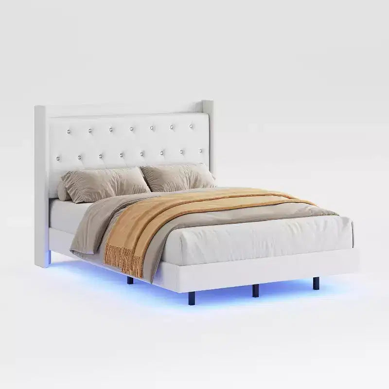 Modern Floating Bed Frame, Soft Fabric Upholstered Wingback Storage Headboard Noise Free Platform Easy Assembly No Box Spring.
